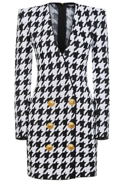 Balmain V-Neck Houndstooth-Print Mini Dress