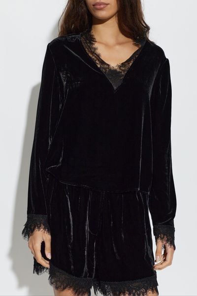 Ganni Lace Trim Velvet Top