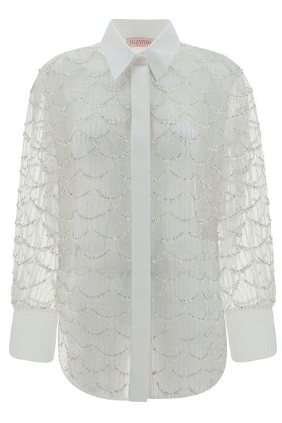 Valentino Tulle Illusione Embroidered Straight Hem Shirt