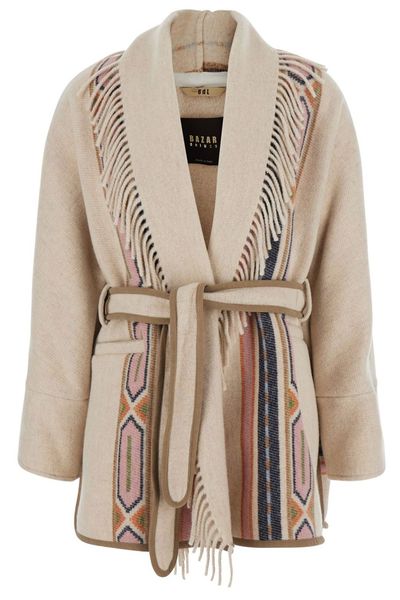 Bazar Deluxe Belted Patterned Fringe Coat