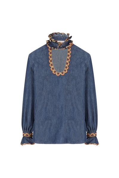 Valentino Ruffled Long-Sleeved Denim Top
