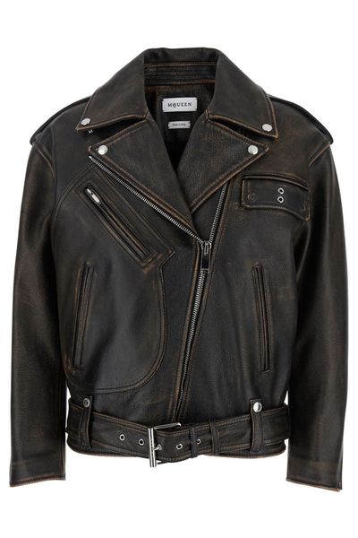 Alexander McQueen Oversized Distressed Leather Biker Jacket