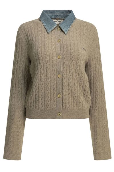 Miu Miu Cable-Knit Contrast Collar Cardigan