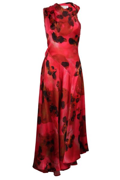 Victoria Beckham Asymmetric Hem Floral-Printed Satin Midi Dress