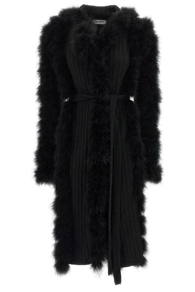 The Attico Feather-Trim Belted Knit Coat
