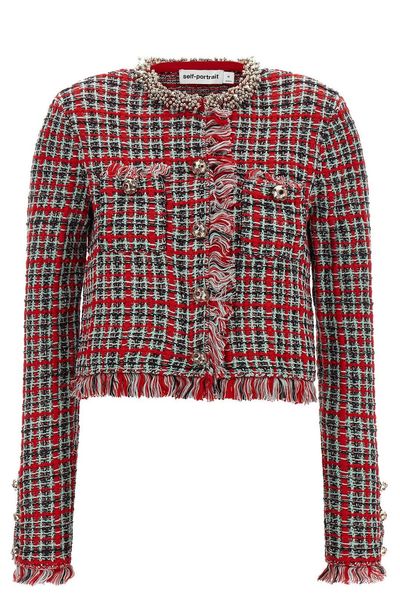 Self-Portrait Fringed Checked Knitted Jacket