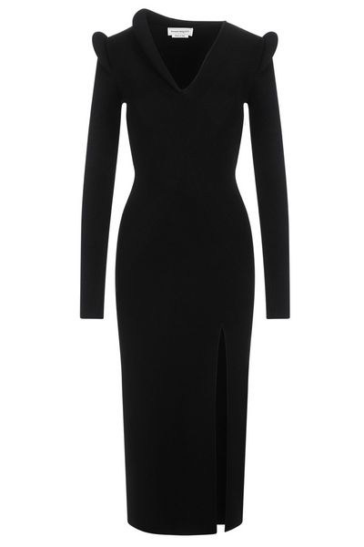 Alexander McQueen Ribbed-Knit V-Neck Midi Dress
