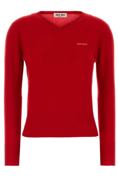 Miu Miu Logo-Embroidered V-Neck Jumper