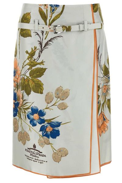 Prada Floral-Printed Belted Midi Skirt