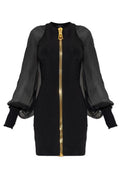 Balmain Sheer-Sleeve Zip Mini Dress