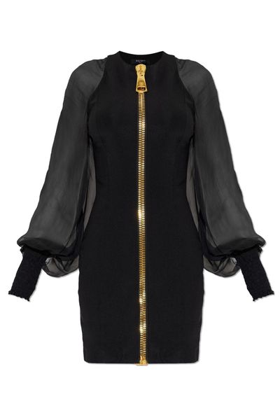 Balmain Sheer-Sleeve Zip Mini Dress