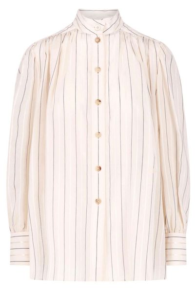 Chloé High-Neck Striped Gathered Blouse
