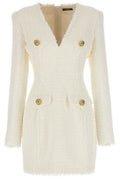 Balmain Long Sleeved Button-Detailed Tweed Dress