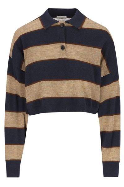 Brunello Cucinelli Sparkling Striped Cropped Knit Polo Shirt