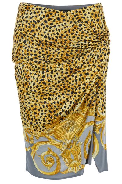 Versace Cheetah Foulard Draped Midi Skirt