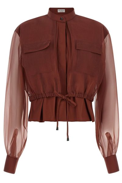 Brunello Cucinelli Sheer Sleeve Drawstring Top