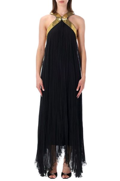 Alberta Ferretti Plissé Metallic Embroidered Collar Chiffon Gown