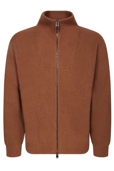 Canali Ribbed High Collar Zip Cardigan