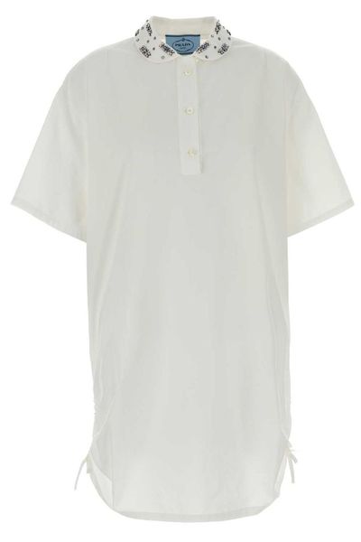 Prada Embroidered Short-Sleeved Poplin Mini Dress
