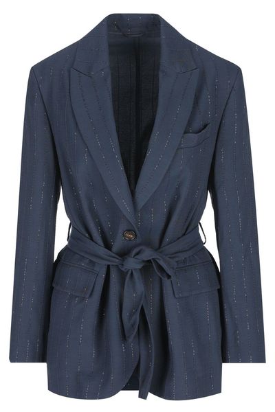 Brunello Cucinelli Belted Chalkstripe Blazer