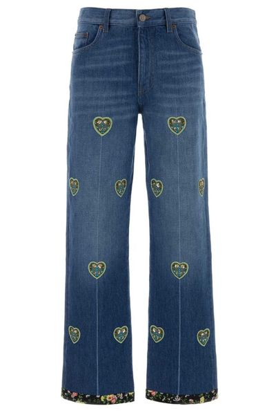 Valentino Heart Embellished Wide Leg Jeans