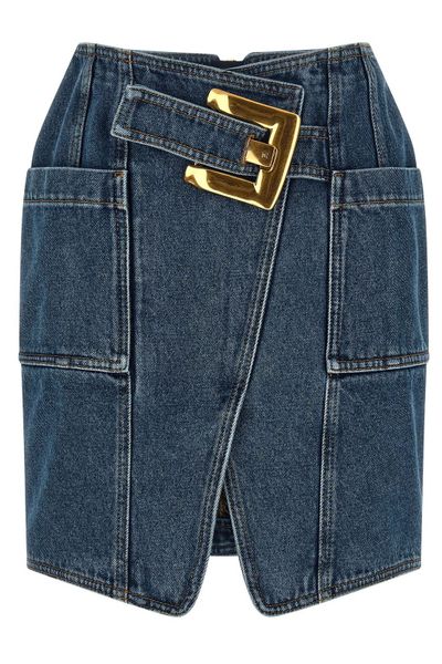Balmain Belted Short Denim Skirt