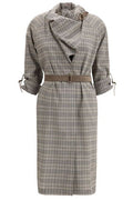 Burberry Shawl Collar Checked Belted Midi Dress