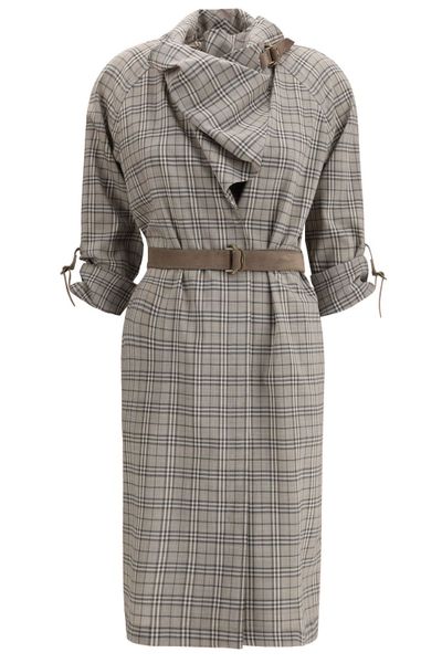 Burberry Shawl Collar Checked Belted Midi Dress