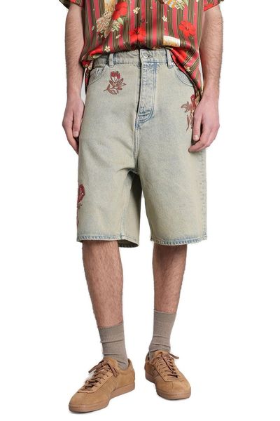 Drôle de Monsieur Floral-Embroidered Buttoned Denim Shorts