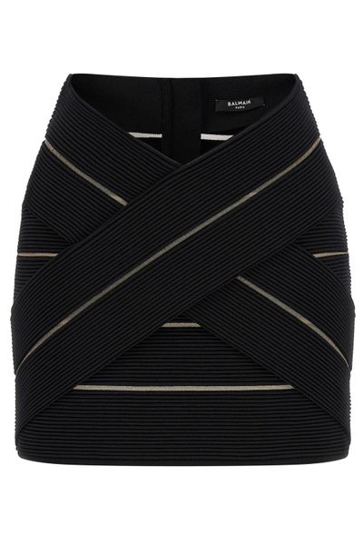 Balmain V-Waist Mesh Insert Stretch Mini Skirt