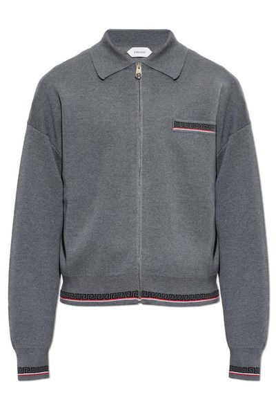Versace Zip-Up Pattern-Trim Cardigan