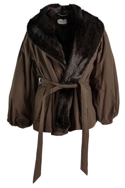 Prada Belted Faux Fur-Trim Coat
