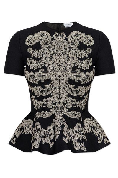 Alexander McQueen Lace Ribcage Jacquard Peplum Top