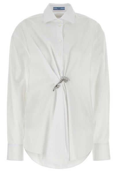 Prada Gathered Button-Up Poplin Shirt