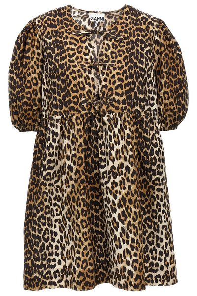 Ganni Leopard Printed Balloon Sleeved Mini Dress