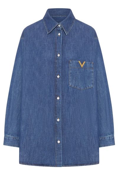 Valentino Logo Plaque Button-Up Denim Shirt