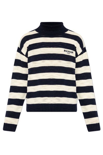 Balmain Striped Logo Turtleneck Knitted Sweater