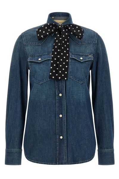 Valentino Pussy-Bow Button-Up Denim Shirt