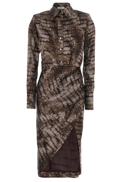 Elisabetta Franchi Long Sleeved Printed Asymmetric Midi Dress