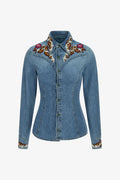 Roberto Cavalli Floral Embroidered Denim Blouse