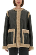 MM6 Maison Margiela Leather Shearling-Panels Crewneck Jacket