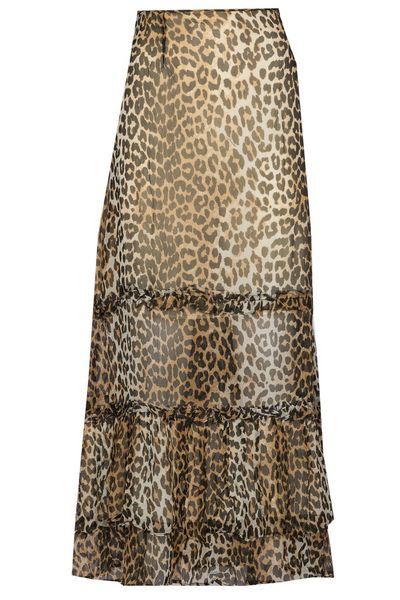Ganni Leopard Printed Long Chiffon Ruffled Skirt