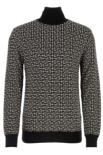 Balmain Monogram-Intarsia Knitted Roll-Neck Jumper