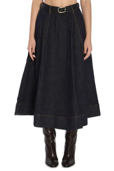 Self-Portrait Denim Flared Midi Skirt