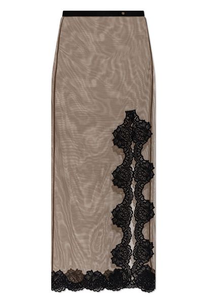 Valentino Sheer Lace-Trim Maxi Skirt