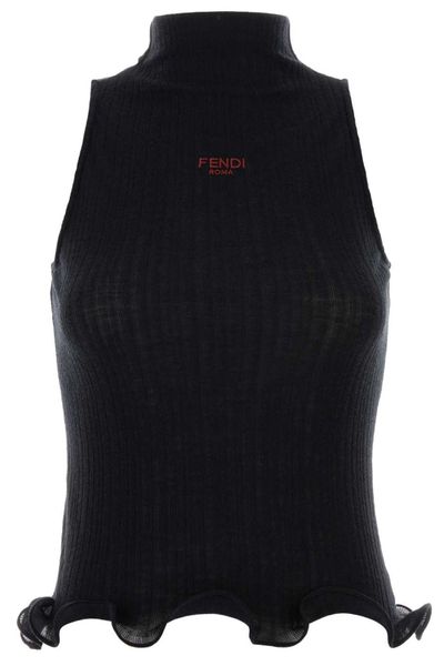 Fendi Logo Embroidered High-Neck Sleeveless Ribbed Top