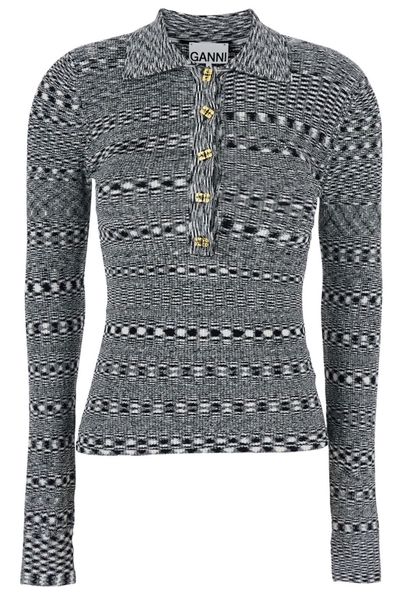 Ganni Striped Knitted Polo Shirt