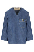 Valentino Logo Plaque V-Neck Denim Blouse