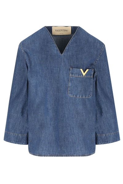 Valentino Logo Plaque V-Neck Denim Blouse