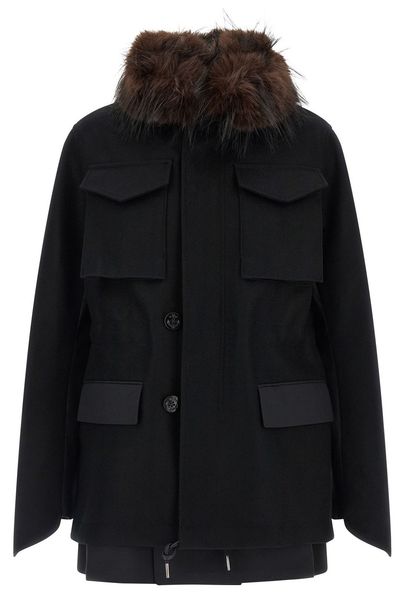 Sacai Long-Sleeved Shearling Detailed Coat